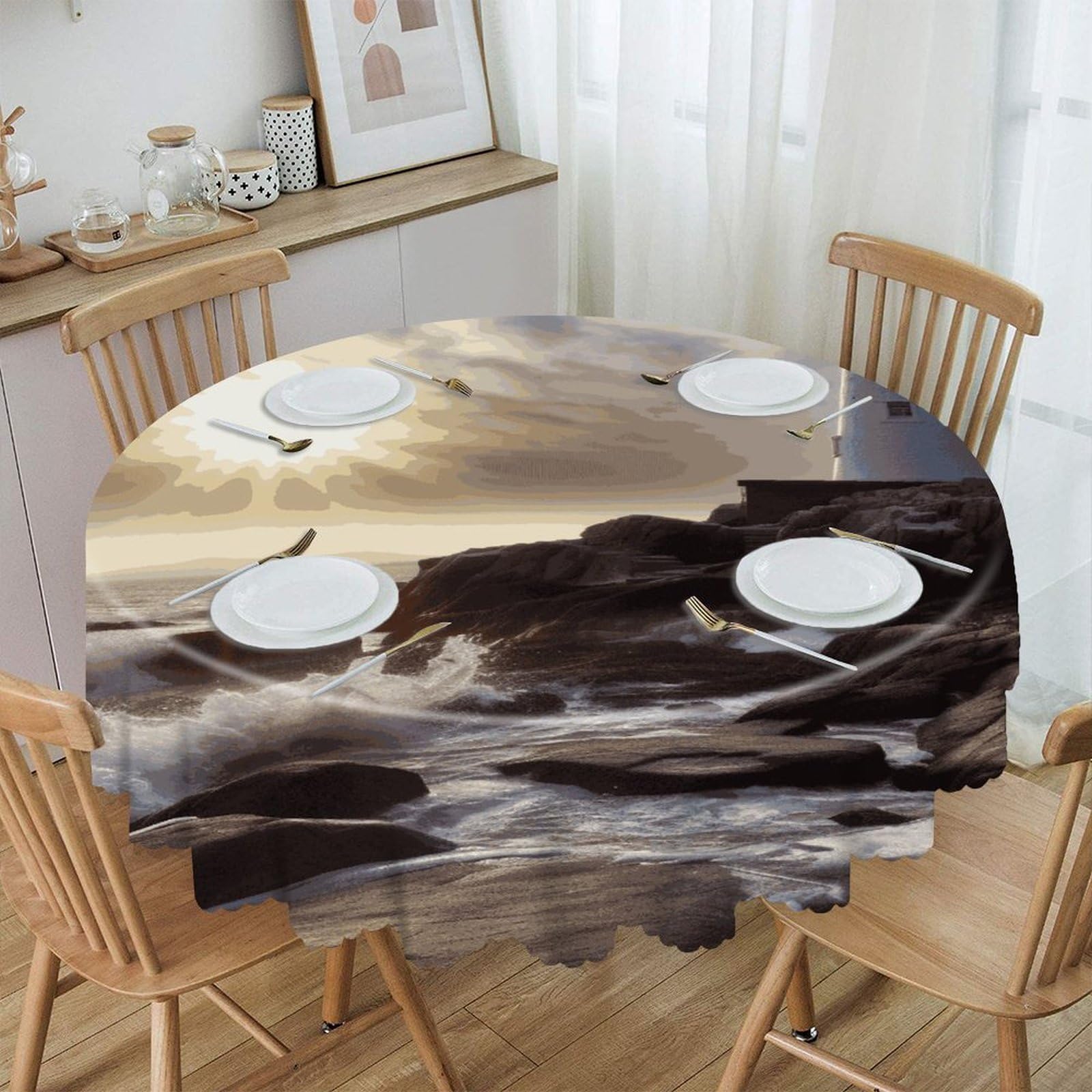 FekiLoot Lighthouse Rocks Seaside Round Tablecloth 60 Inch Waterproof Heavy Duty Table Cloth Spillproof Washable Table Cover Wrinkle Resistant Tablecloths Decorative Table Cloths