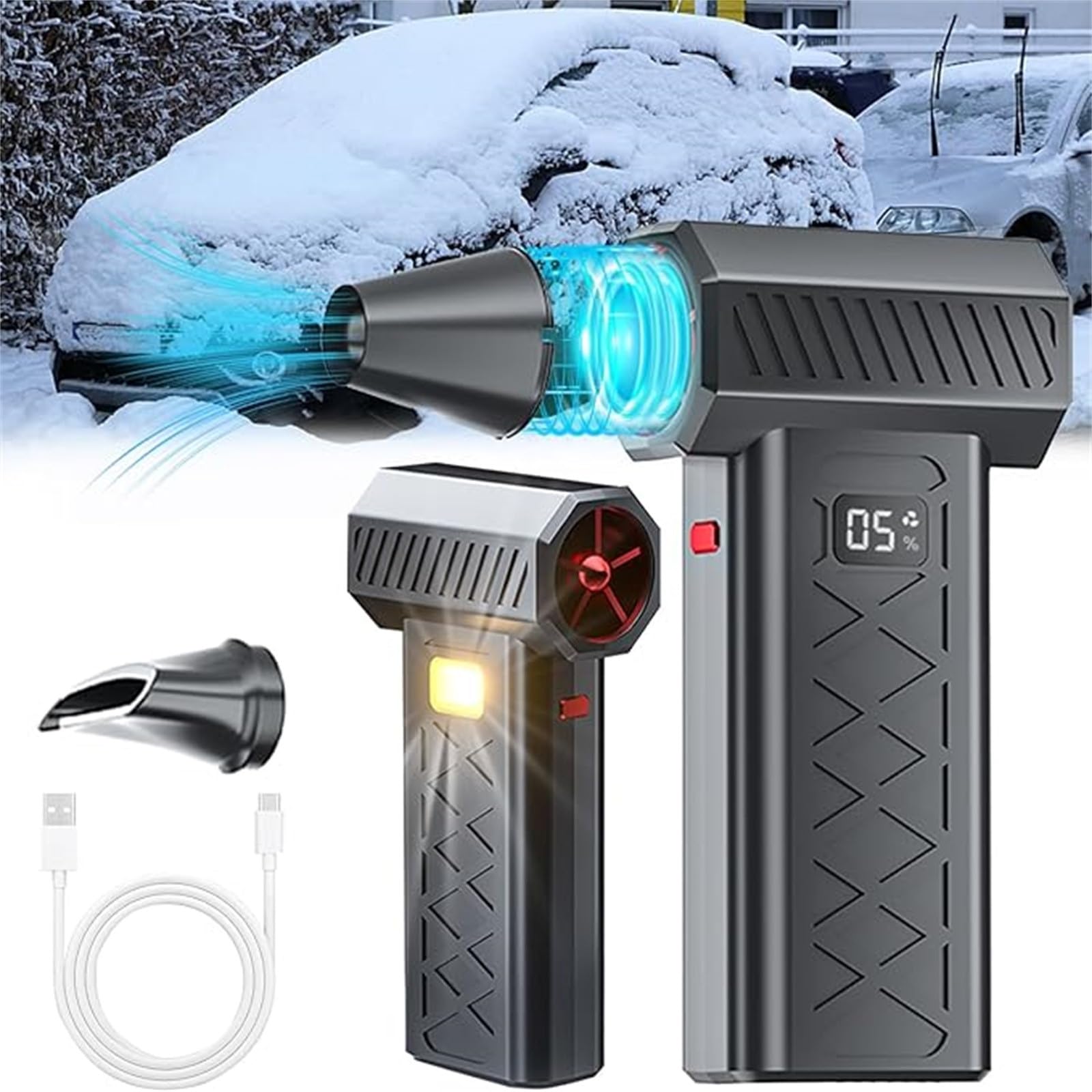 Elektrische Snow Staubgebläse mit LED, Mini Turbo Snow Blower 5000W, 160.000 U/min Wiederaufladbar Staubgebläse mit 6-Gang, Elektrisches Schneeräumgerät für Schnee (Schwarz)