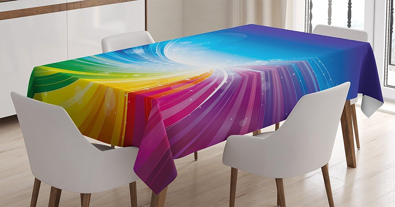 Ambesonne Colorful Tablecloth, Funky Pop Art Radiant Lines Design in Wave-Like Color Reflections Image, Dining Room Kitchen Rectangular Table Cover, 52" X 70", Blue Multicolor