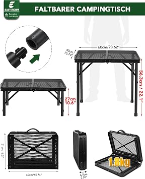 E EASTSTORM Klapptisch Grilltisch klappbar mit Metallgitter 60×40cm 2 Höhenverstellbar – Leichter Klapptisch Klein für Grillen Camping Garten Balkon Angeln und Outdoor-Kochen(Schwarz)