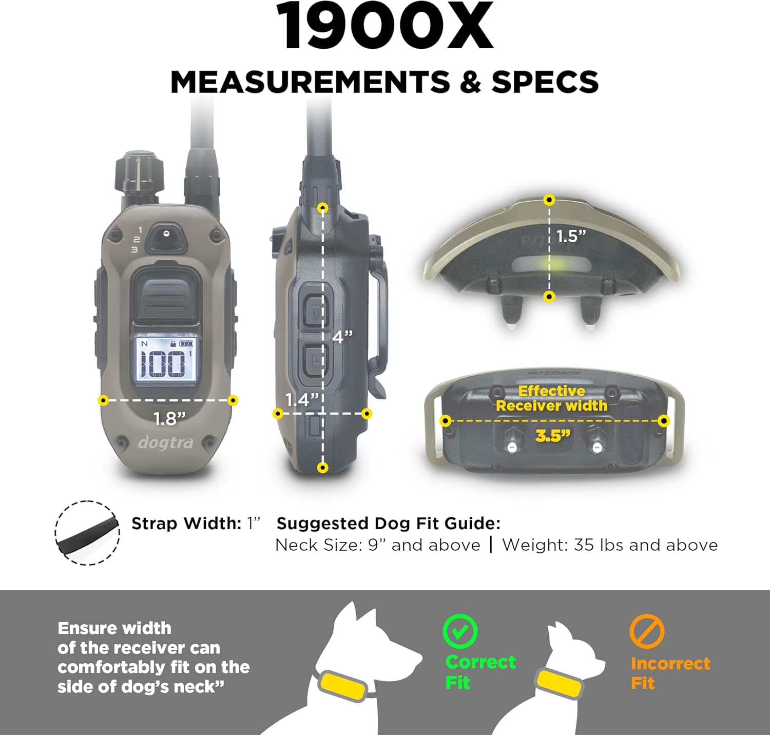 Dogtra 1900X 2-Dogs E-Collar with Remote - 3/4 Mile Range, 35 lbs+, LED Light, 100 Levels Control for Stubborn Dogs, Waterproof, Boost for Quick Recall, Vibration, Safety Lock & Tone