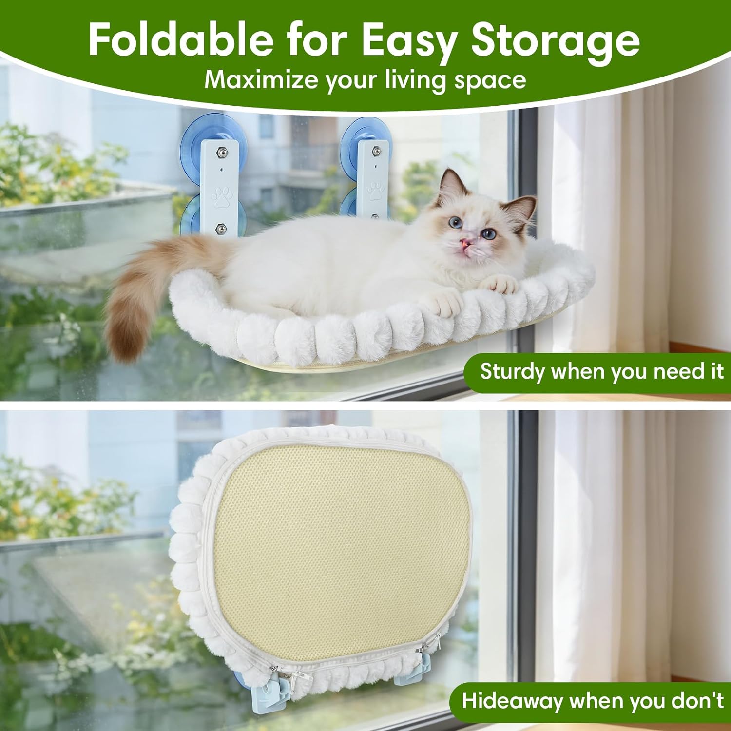 YooxArmor Foldable Cat Window Perch, Cat Bed with Strong Suction Cups & Metal Frame, Window Hammock for Indoor Large Small Cats, Oval