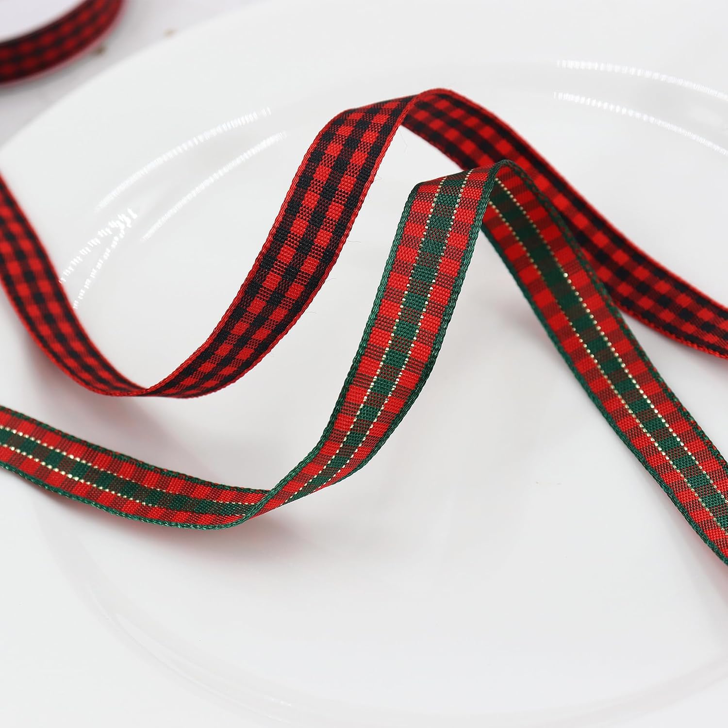 Plaid Christmas Ribbon, 3/8" X 5 Yard Each, Total 40 Yds, Red, Green, Gold, Polyester, Perfect for Gift Wrapping, Home & Christmas Decorations