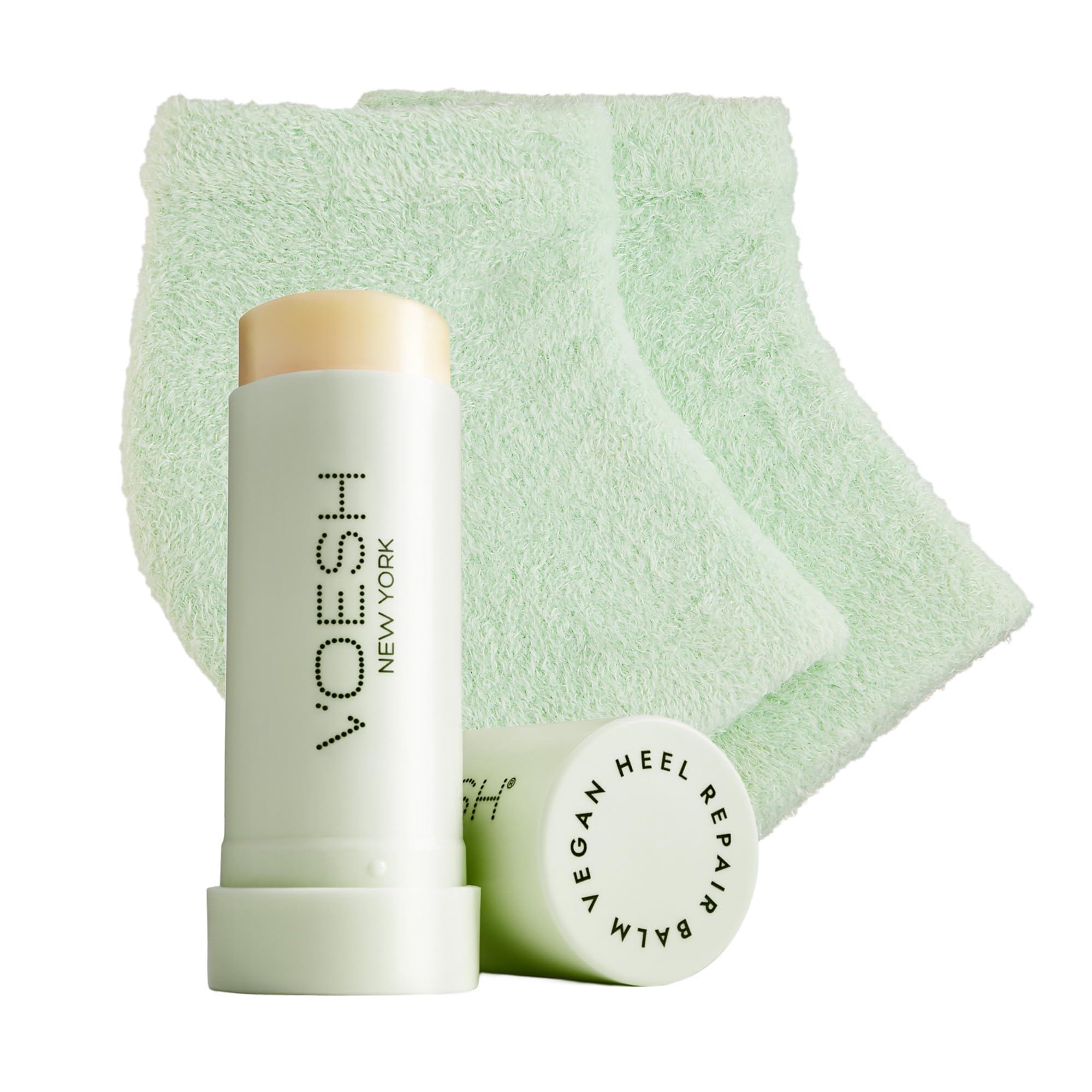 VOESH Heel Repair Duo, Solemate Heel Repair Balm & Moisturizing Heel Socks, Cracked Heel Stick Balm, Foot Care for Men & Women, at-Home Foot Care, Fuzzy Heel Socks, Toeless Spa Socks