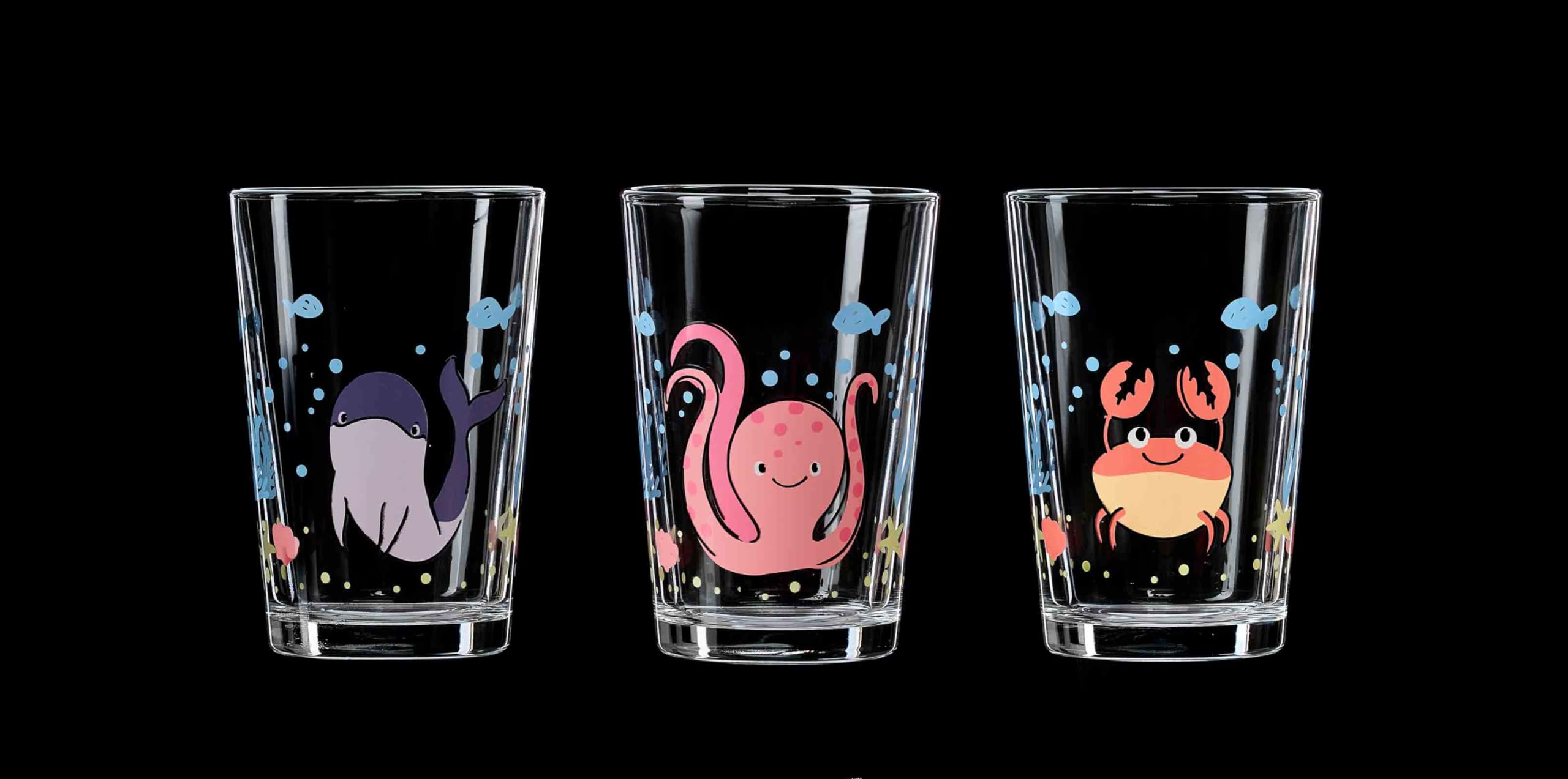 Ritzenhoff & Breker Set di 3 bicchieri per bambini da 205 ml, motivo: animali, calamari, delfino/cancro, lavabili in lavastoviglie