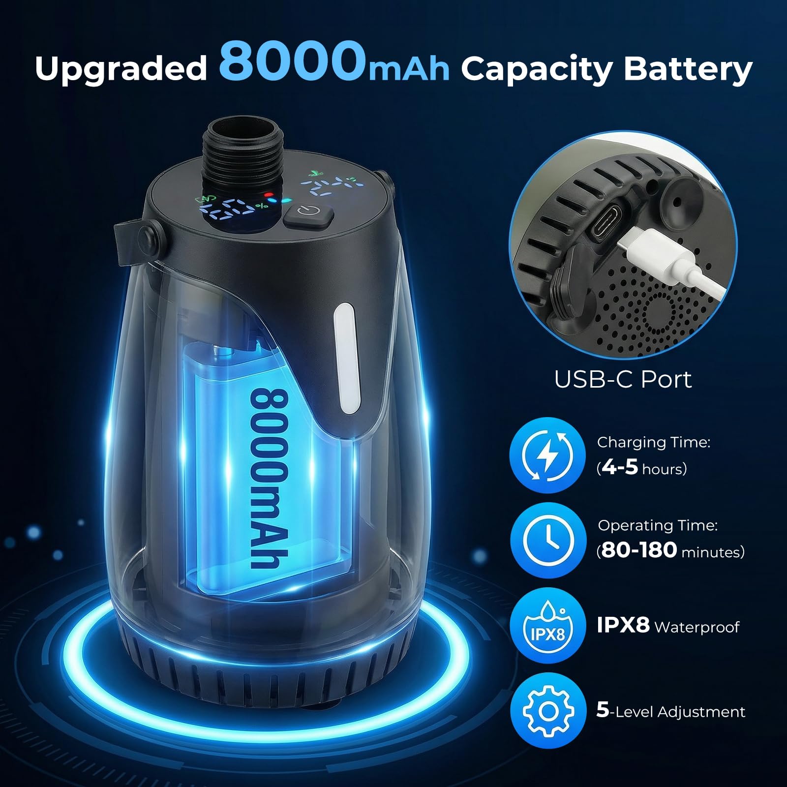 Douche de camping portable 8000 mAh rechargeable avec écran LED, étanchéité IPX8, 4 modes de pulvérisation, 5 niveaux de pression d'eau et lumière ambiante colorée pour camping, randonnée, plage, bain