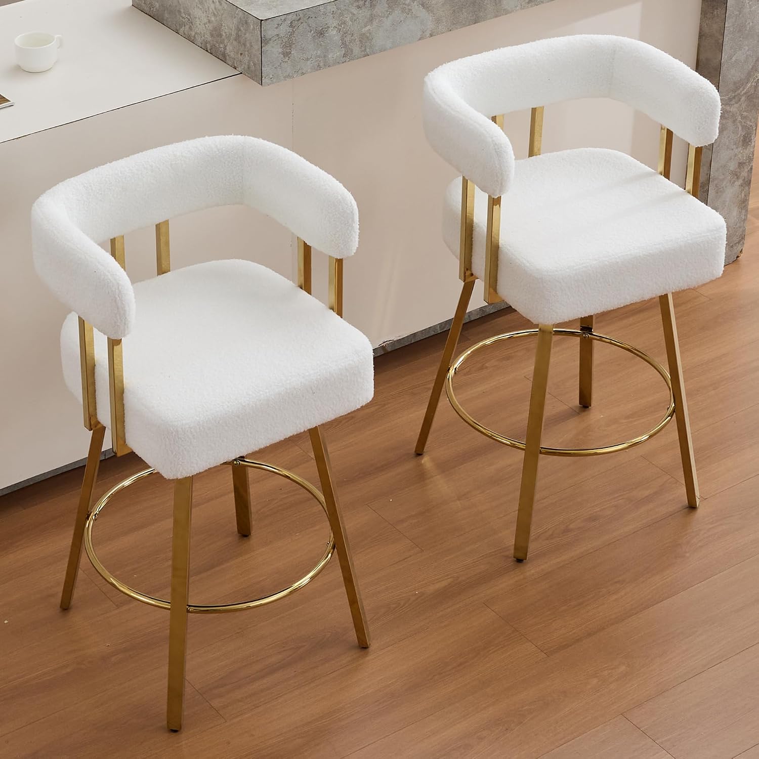 YISHENG Modern White Counter Height Barrel Teddy Velvet Upholstered Bar Stools Set of 2, 27 Inch Kitchen Island Bar Chairs with Gold Metal Frame Backrest and Arms