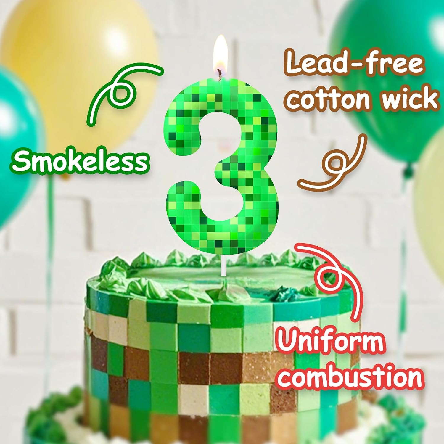 Green Pixel 4th Birthday Number Candles, Number 4 Candle Cake Topper Decorations for Green Pixel Game Themed Parties, Birthday Cake Candles for Boys Girls Kids Party Supplies image 4
