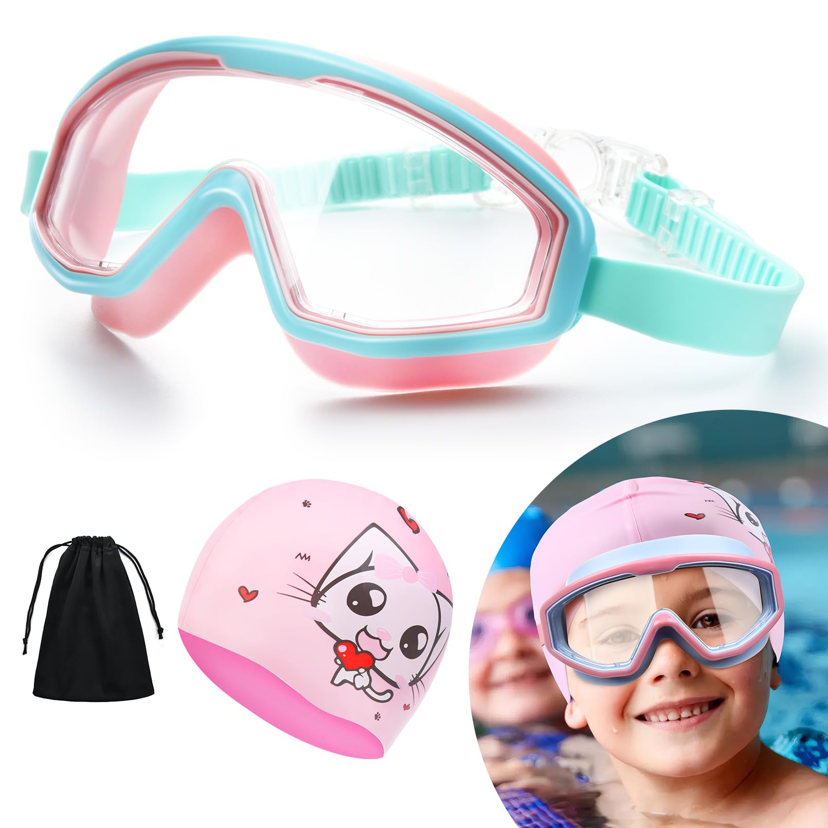 Behufun Kids Swim Goggles with Swim Cap, Swimming Goggles for Kids 6-14, Anti-Fog UV Protection Pool Clear for Boys Girls