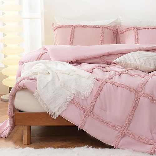 Juego de edredón rosa tamaño Queen, juego de ropa de cama bohemio de chenilla copetuda, ropa de cama bohemia estilo granja Shabby Chic rosa para