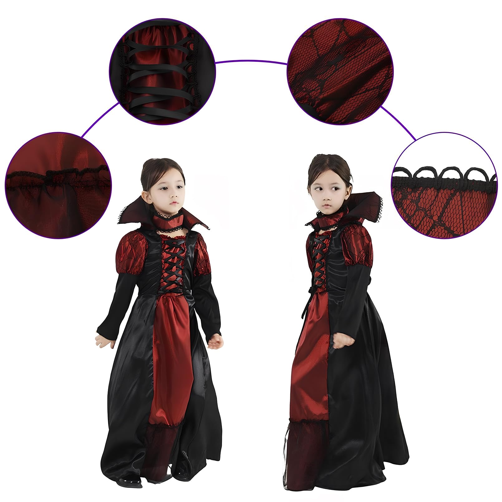 Clundoo Kids Halloween Vampire Costume, Girls Gothic Vampiress Costume Princess, Vampiress Queen Dress Up Party (M) - Image 2