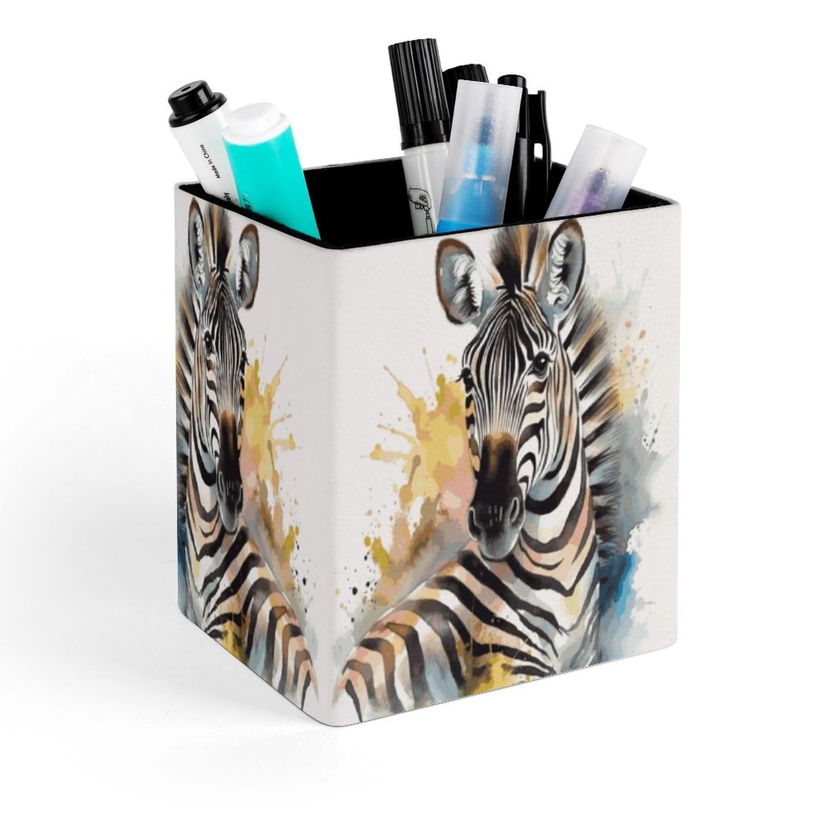 FekiLoot Cute Zebra Watercolor Pencil Holder for Desk Square Leather Pen Holder Cup Desktop Organizer Multi-Functional Pencil Cup Holders Modern Decorative Desk Organizer Caddy Makeup Brush Holders