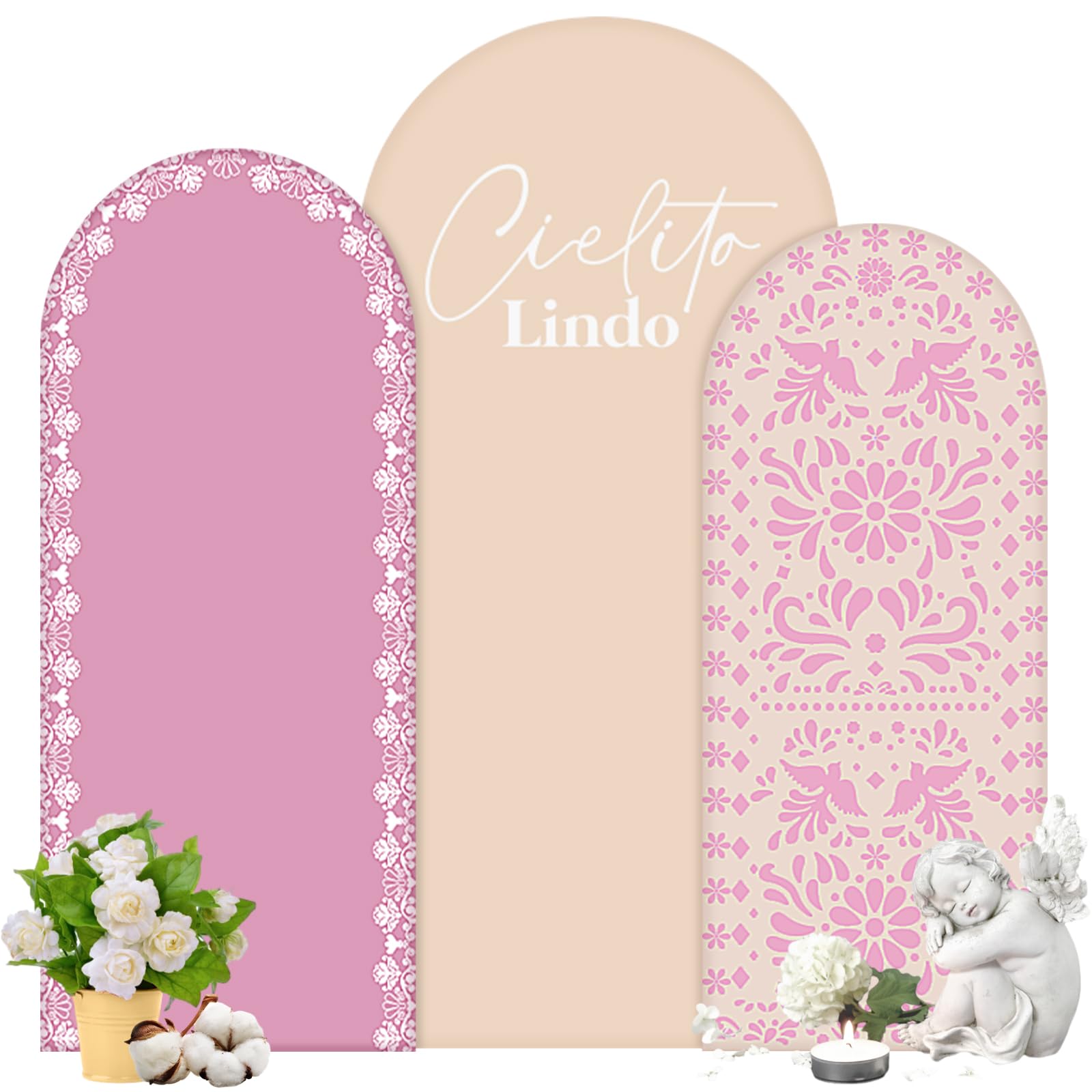 Photo 1 of Chunful 3 Pcs Mexican Arch Backdrop Cover Baby Shower Photo Background Decor 2-Sided Round Top Lovely Backdrop Arch Cover for Mexican Wedding Birthday Party Decoration 6 ft/5 ft/4 ft (Brown-Pink)