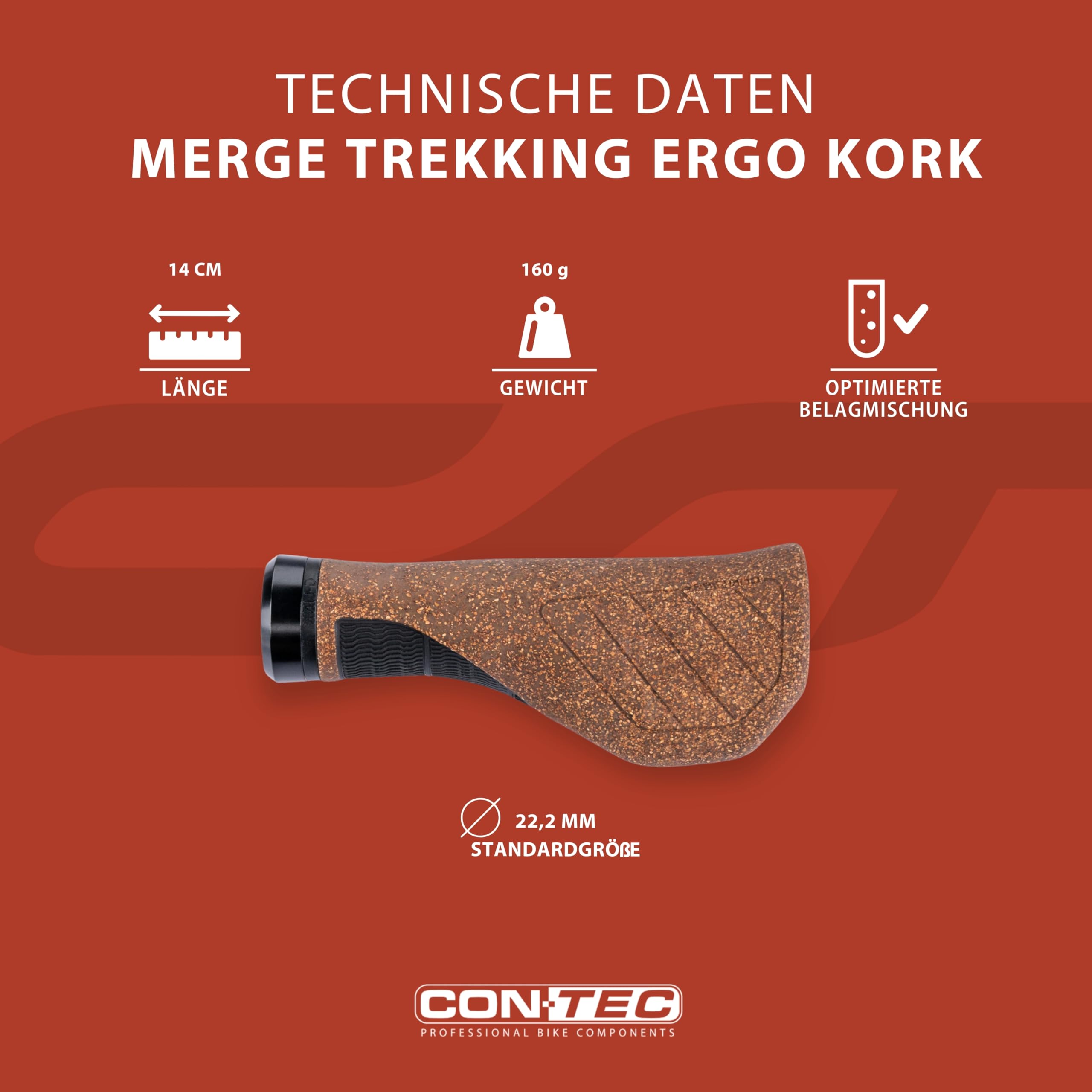 CONTEC Fahrrad-Griffe Merge Trekking Ergo Kork, 140 mm, D3-Dreikomponenten, G-Link-System, Ergonomisch, Stoßdämpfend, Atmungsaktiv, braun, Paar