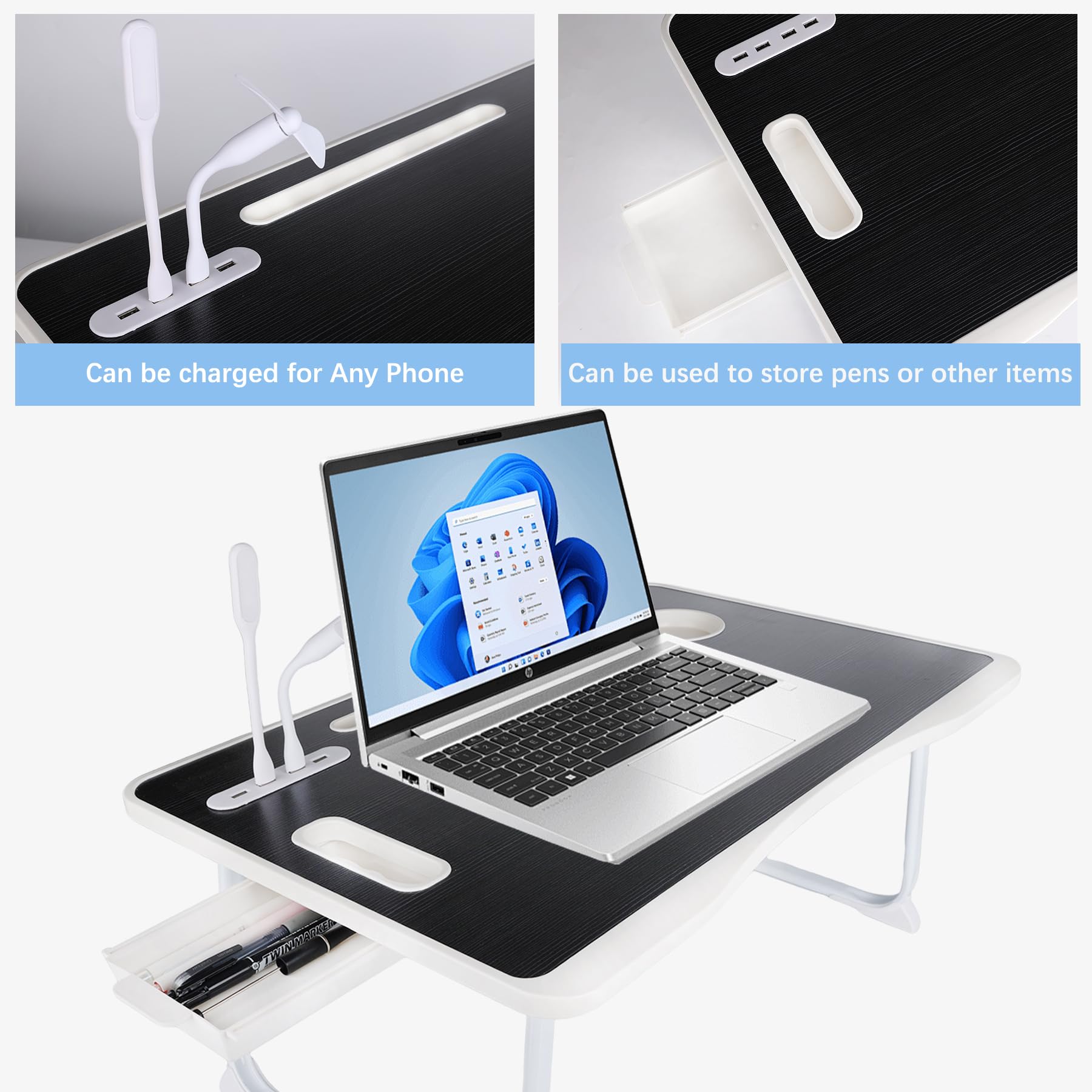 Mesa de cama para laptop, mesa de cama plegable portátil con puertos USB, cajón lateral, tarjeta de escritorio y asa, bandeja portátil para comer, trabajar, estudiar y leer