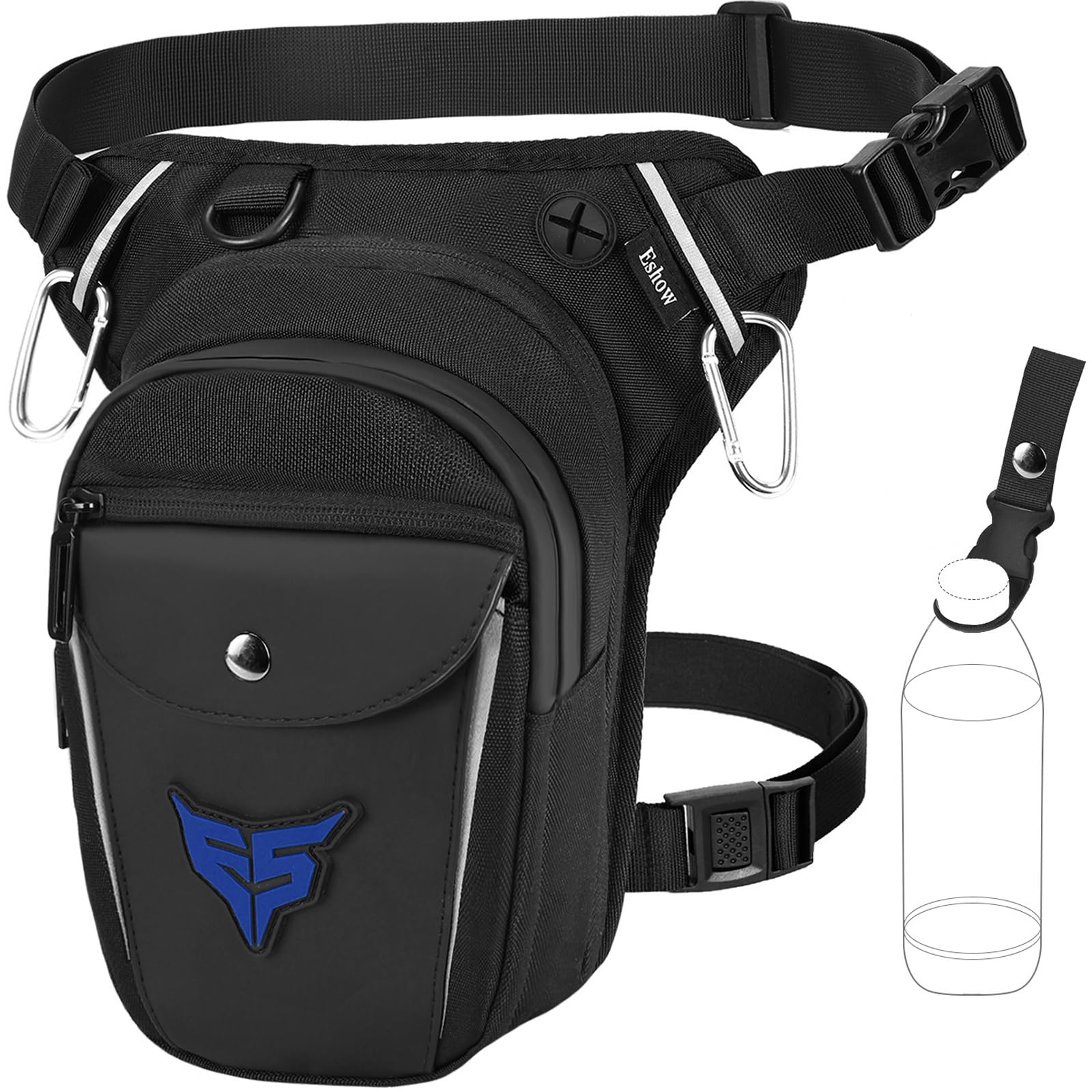 Eshow Marsupio da Gamba Moto, Borsa Cosciale Espandibile con Fibbia Borraccia e Striscia Riflettente per Uomo e Donna, Borsello Sportivo con Multitache per Trekking Ciclismo Viaggio Campeggio Pesca