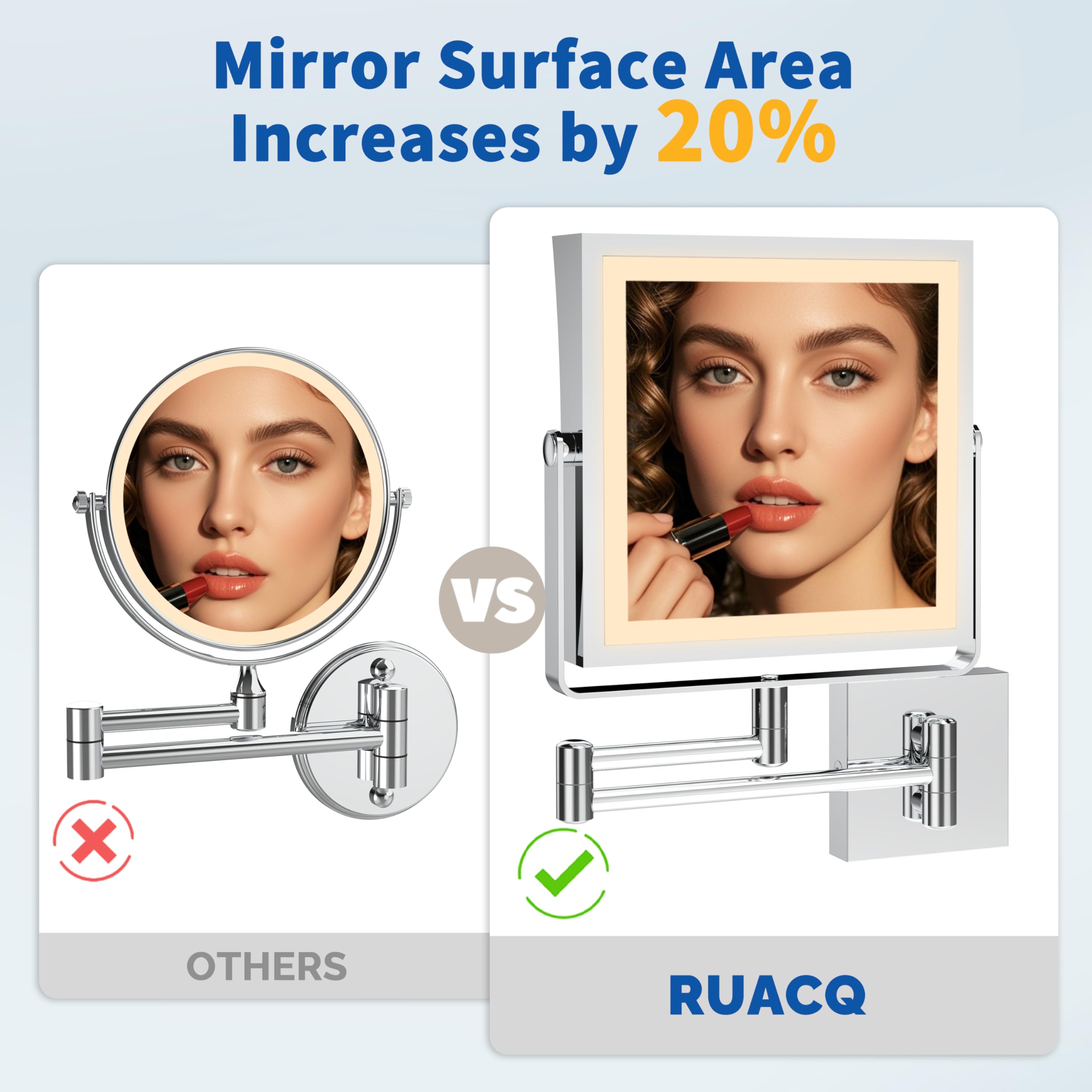 Ruacq Specchio da trucco ricaricabile da parete con luci, specchio cosmetico con ingrandimento 1X/10X su entrambi i lati con illuminazione a 3 colori, touch screen dimmerabile, braccio pieghevole con