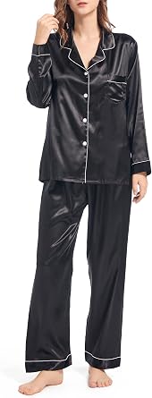 Fivali Womens Silk Satin Pajamas Long Sleeve Pj Set Two-piece Sleepwear Silky Button-down Nightwear Loungewear Sets, S-XXL