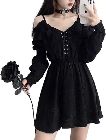Gothic Womens Plus Size Lace Dress - Autumn Strapless Long Sleeve Kawaii Black