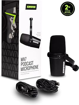 Shure MV7 USB Podcast Microphone for Podcasting, Recording, Live Streaming & Gaming, Built-in Headphone Output, All Metal USB/XLR Dynamic Mic, Voice-Isolating Technology, TeamSpeak Certified - Black