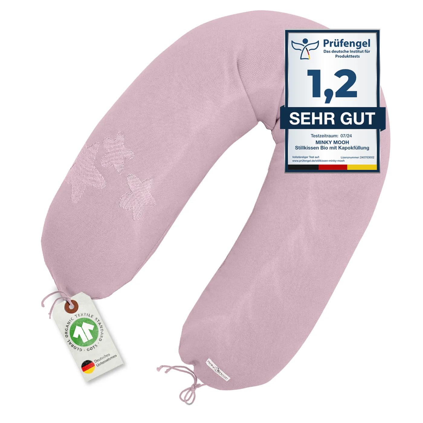 Minky Mooh® - Stillkissen XXL Bio Baumwolle (Öko-Tex 100) mit Kapok Füllung (190x30cm) flieder - Großes Baby-Kissen zum Schlafen, Stillen & Flasche geben, Schwangerschaftskissen & Seitenschläferkissen