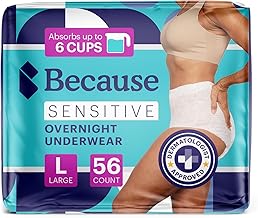 Because Adult Incontinence Underwear for Sensitive Skin - Women - Premium Overnight Disposable Briefs, Anti Odor - White, Large - Absorbs 6 Cups - 56 Count (4 Packs of 14)