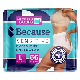 Because Adult Incontinence Underwear for Sensitive Skin - Women - Premium Overnight Disposable Briefs, Anti Odor - White, Large - Absorbs 6 Cups - 56 Count (4 Packs of 14)