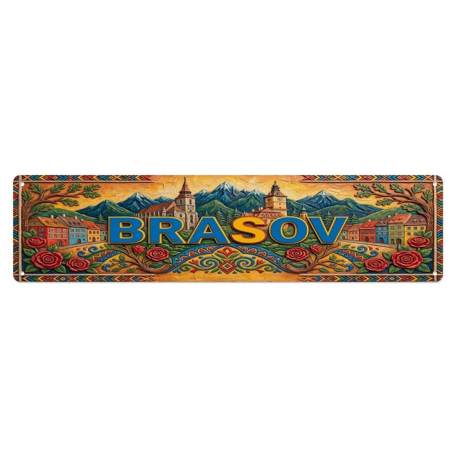 Olhnbad 4X16inch(10X40cm) Vintage Brasov Romania Flag Pattern Metal Tin Sign