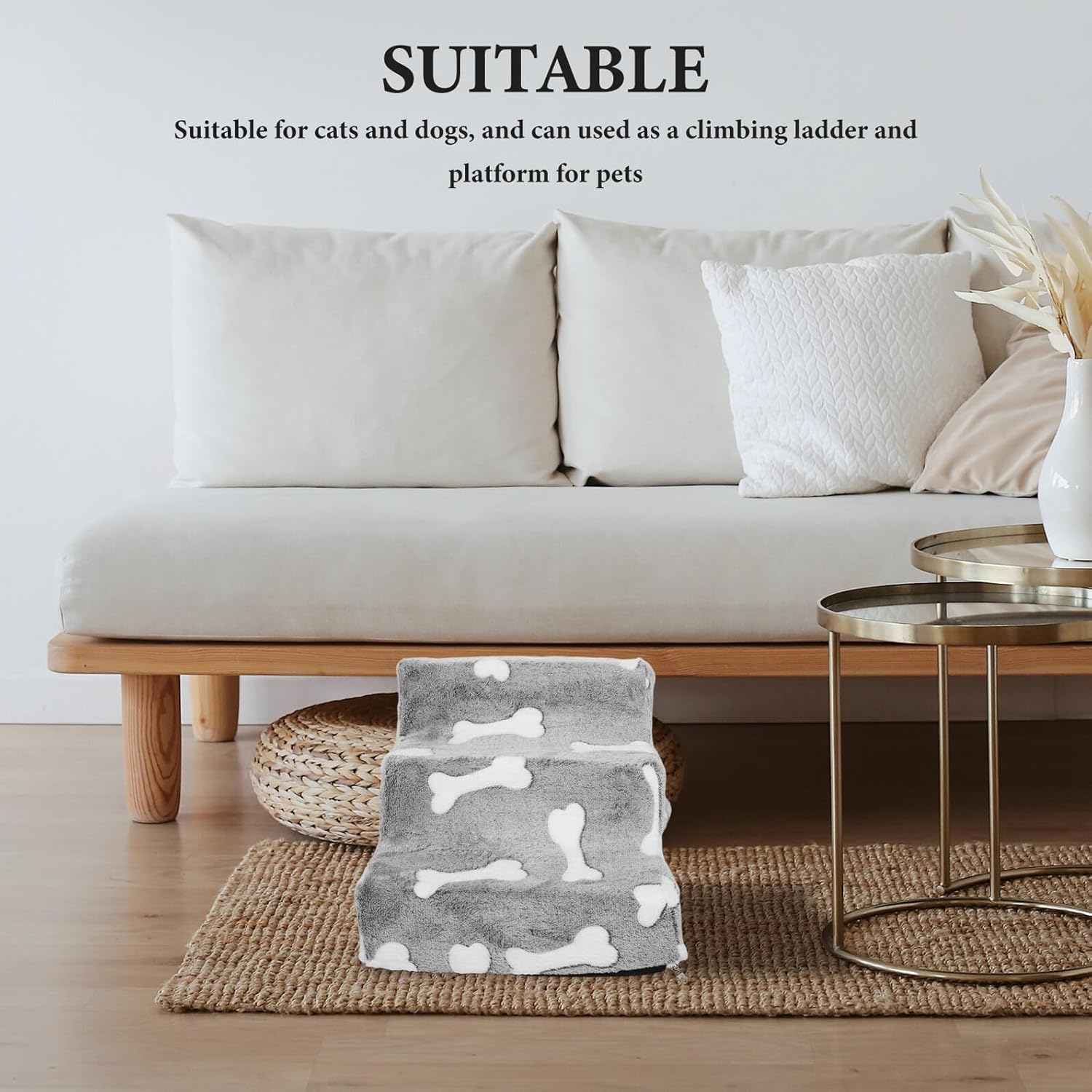 NUOBESTY Portable Three-Step Non-Slip Pet Stairs with Bone Print 34x40x30cm for Small Dogs and Cats Indoor Stable Dog Steps for High Beds and Sofas