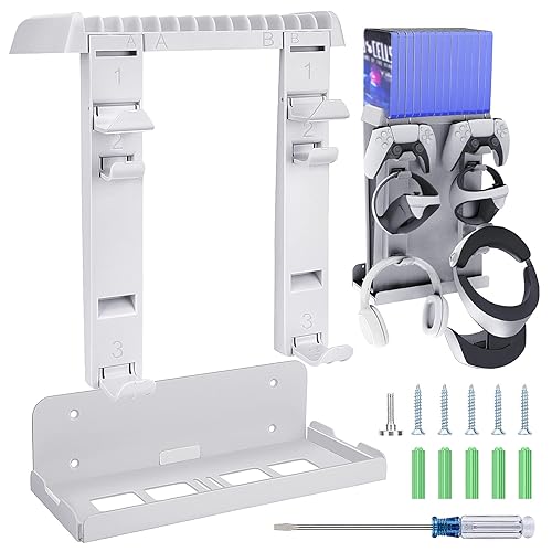 Jhua PSVR2 PS5 Wall Mount Stand Kit Metal Wall Shelf for Playstation 5 Console, 8-in-1 PS5 VR2 Wall Bracket with Controller Holder, Headset
