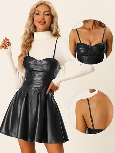 Miniatura 2 de Allegra K Vestido sexy con tirantes delgados para mujer, escote corazón, acampanado, de piel sintética, mini vestido