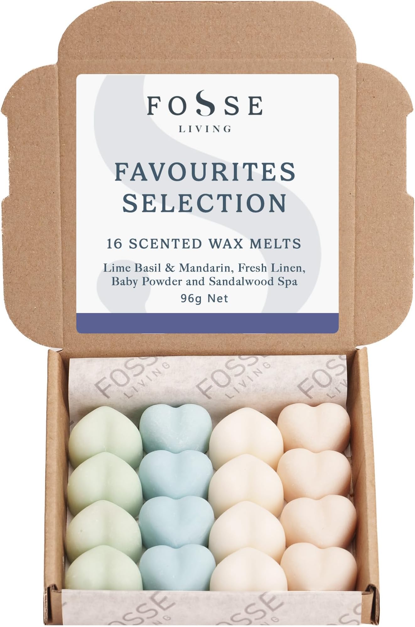 Favourites Selection Soy Wax Melts 16 Pack | Fresh Linen, Baby Powder, Lime Basil & Mandarin, Sandalwood Spa | Natural, Vegan & Plastic Free | 96 Hours Scent | Handmade in the UK – Fosse Living