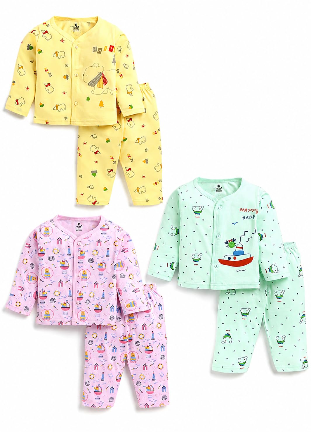 tiny biny Cotton Night Suit for Baby Boys & Girls | Unisex Full Sleeve Top & Pant Set (Pack of 3)-picture-11