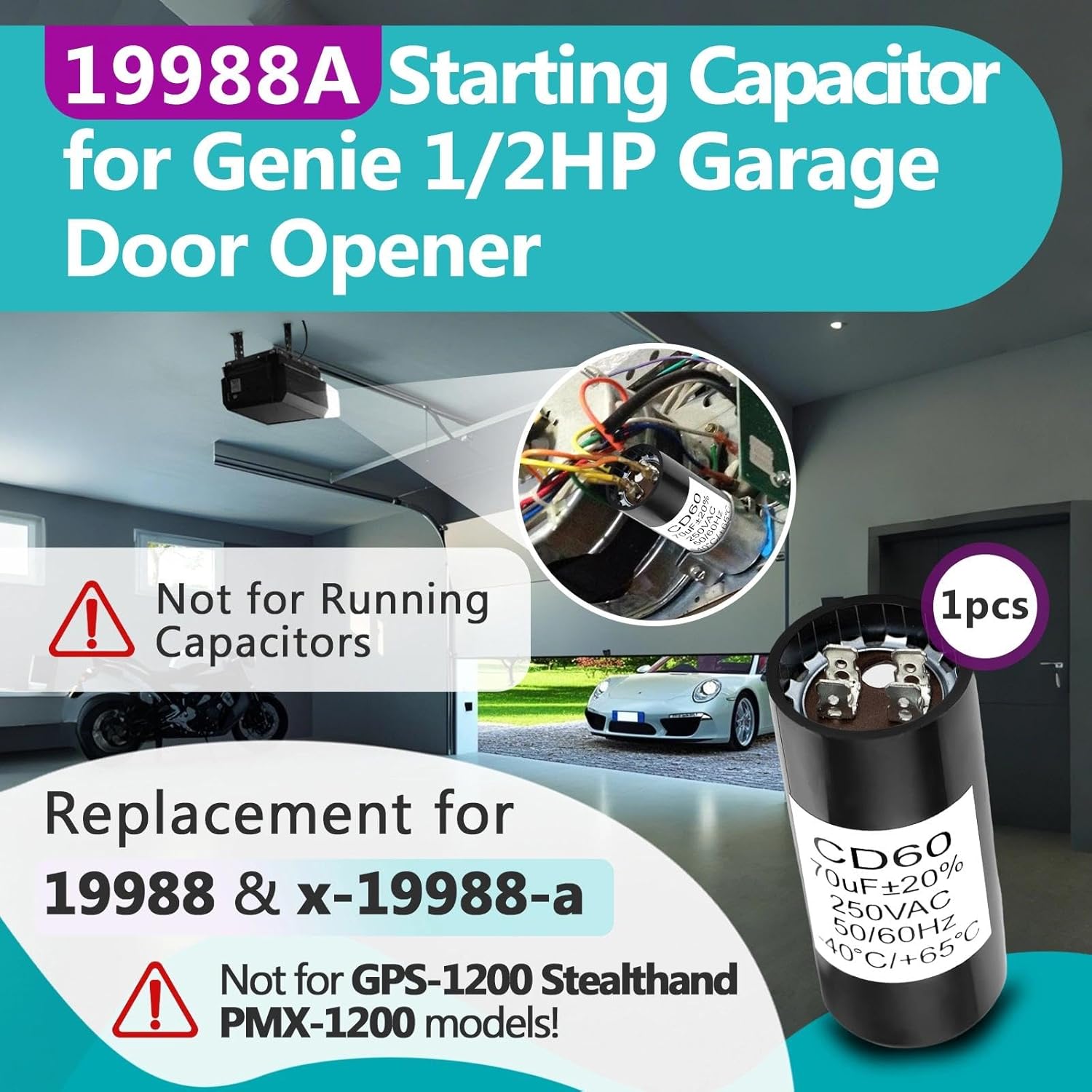 19988A Start Capacitor Compatible wit Genie 1/2HP Openers – 70 MFD 220V Garage Door Opener Starting Capacitor Replacement (Compatible with Genie 19988 & X-19988-A, Not for Running Capacitors, 60Hz AC)