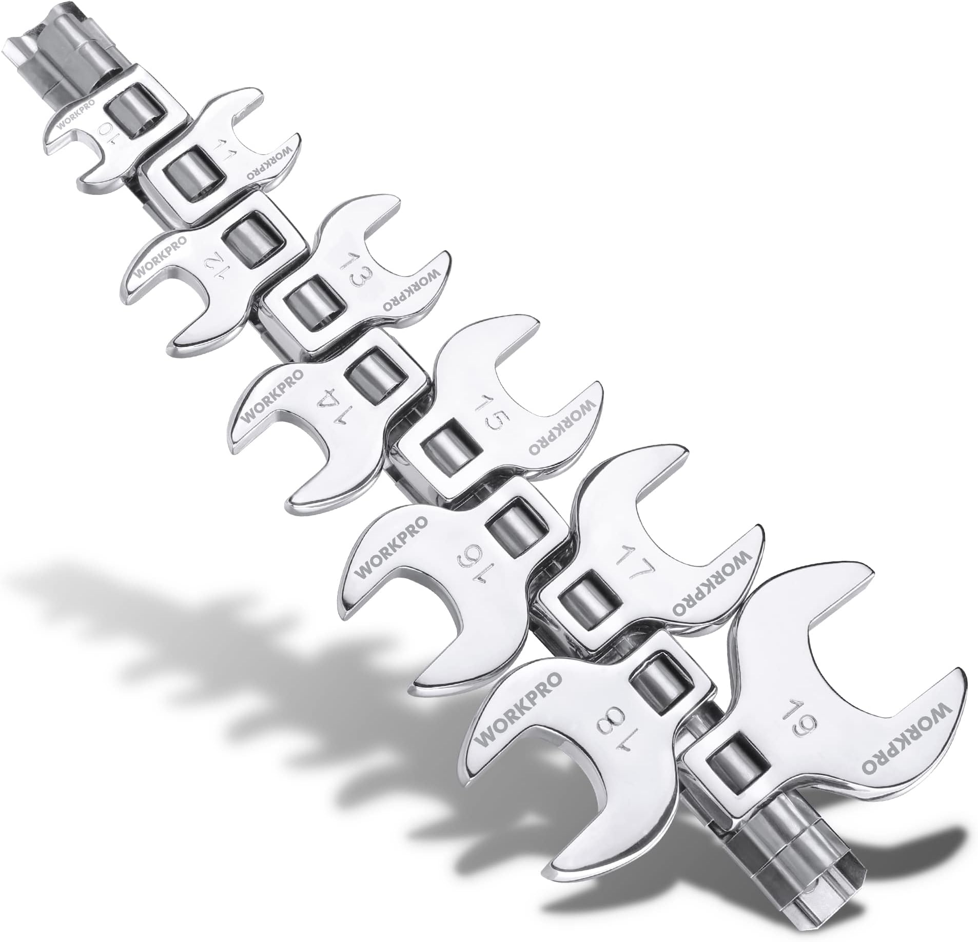 WORKPRO 3/8" Drive Crowfoot Wrench Set, 10-Piece Metric Open-End Wrenches with Clip-on Organizer, 10-19mm, Great for Automotive Repair Work Hard-To-Reach Areas