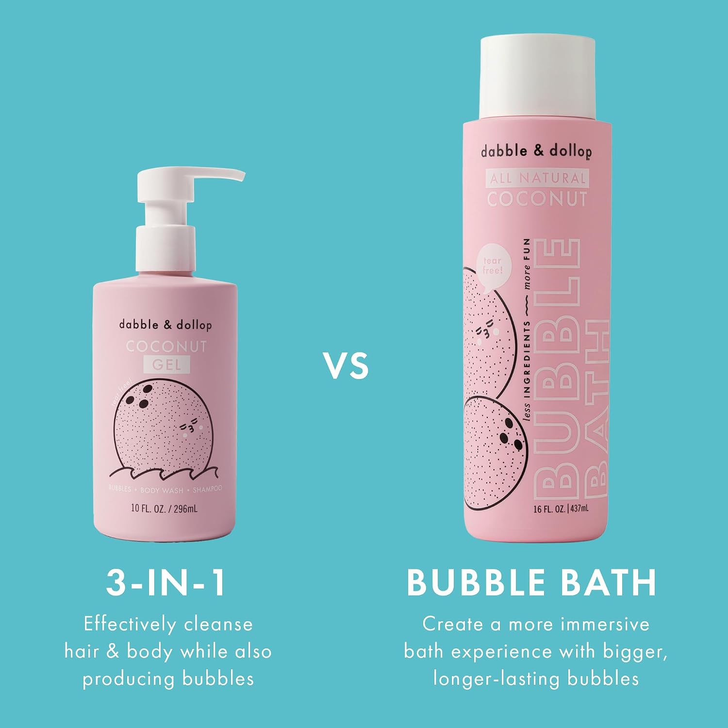 Dabble & Dollop Coconut Bubble Bath for Kids & Family – Premium Tear-Free Bubble Bath for Sensitive Skin, Natural Origin Scent, Hypoallergenic Bath Bubbles (16 fl oz, Pack of 2)