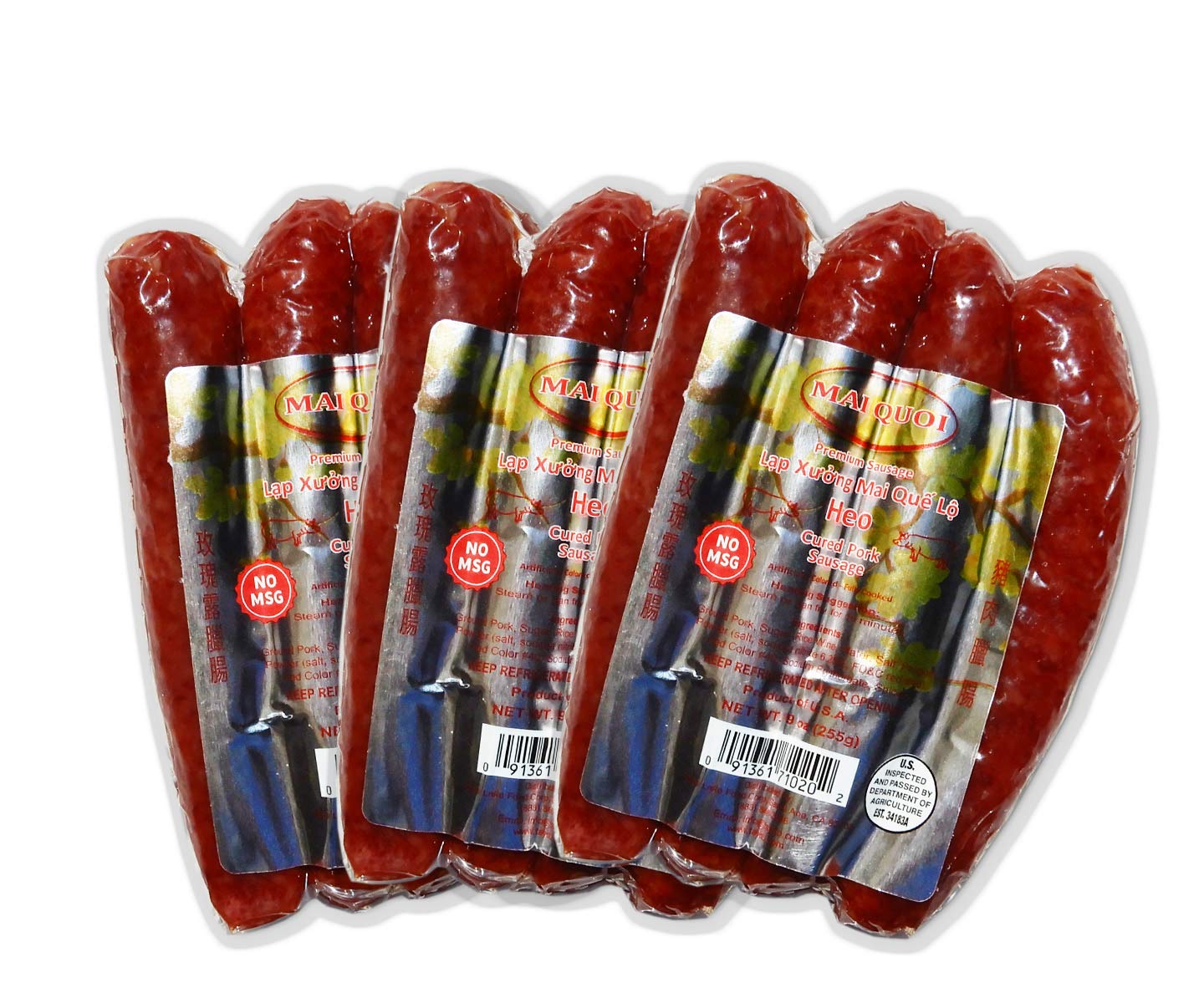 3 Packs of Premium Pork Chinese Style Sausage (Lap Xuong Mai Quoi Pork) (No MSG) - Made In USA