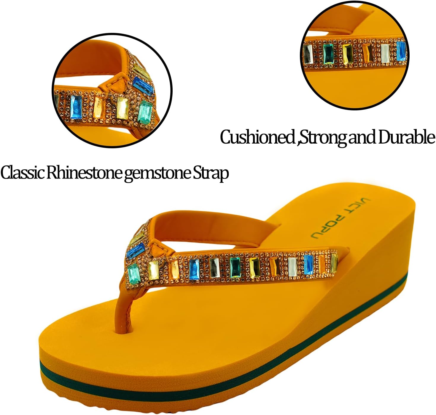 VICT POPU Flip Flops Sandals for Women Bling Rhinestones Jewel High Heel Arch Support Comfortable Soft Cushion Wedge Slip-on Casual Platform Summer Thong Sandals - Image 2