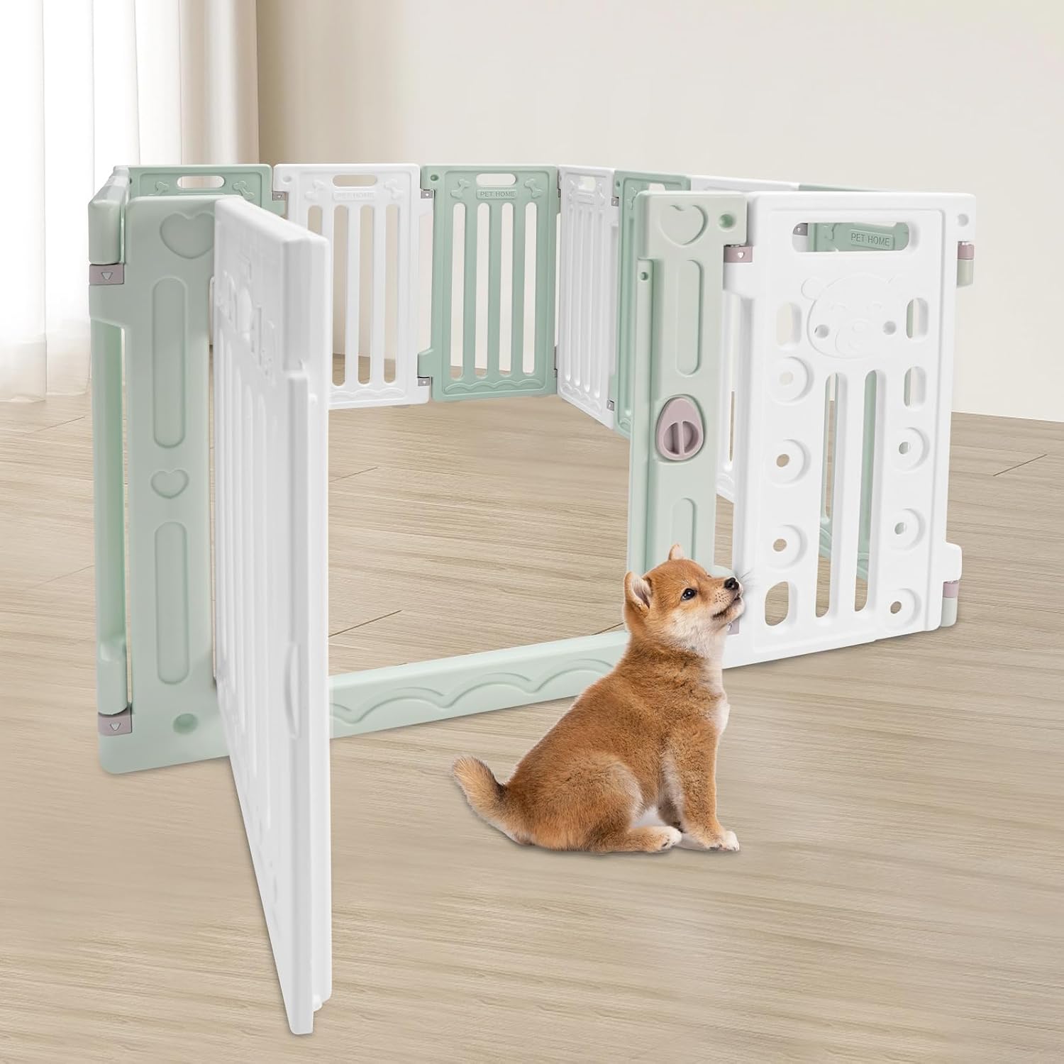 Dog Play Pen Indoors with 13 Panels, Green&White Puppy Play Pen Secure Pet Gate, HDPE Small Dog Playpen Dog Fence Outdoor for Puppies, Small, Or Medium Dogs