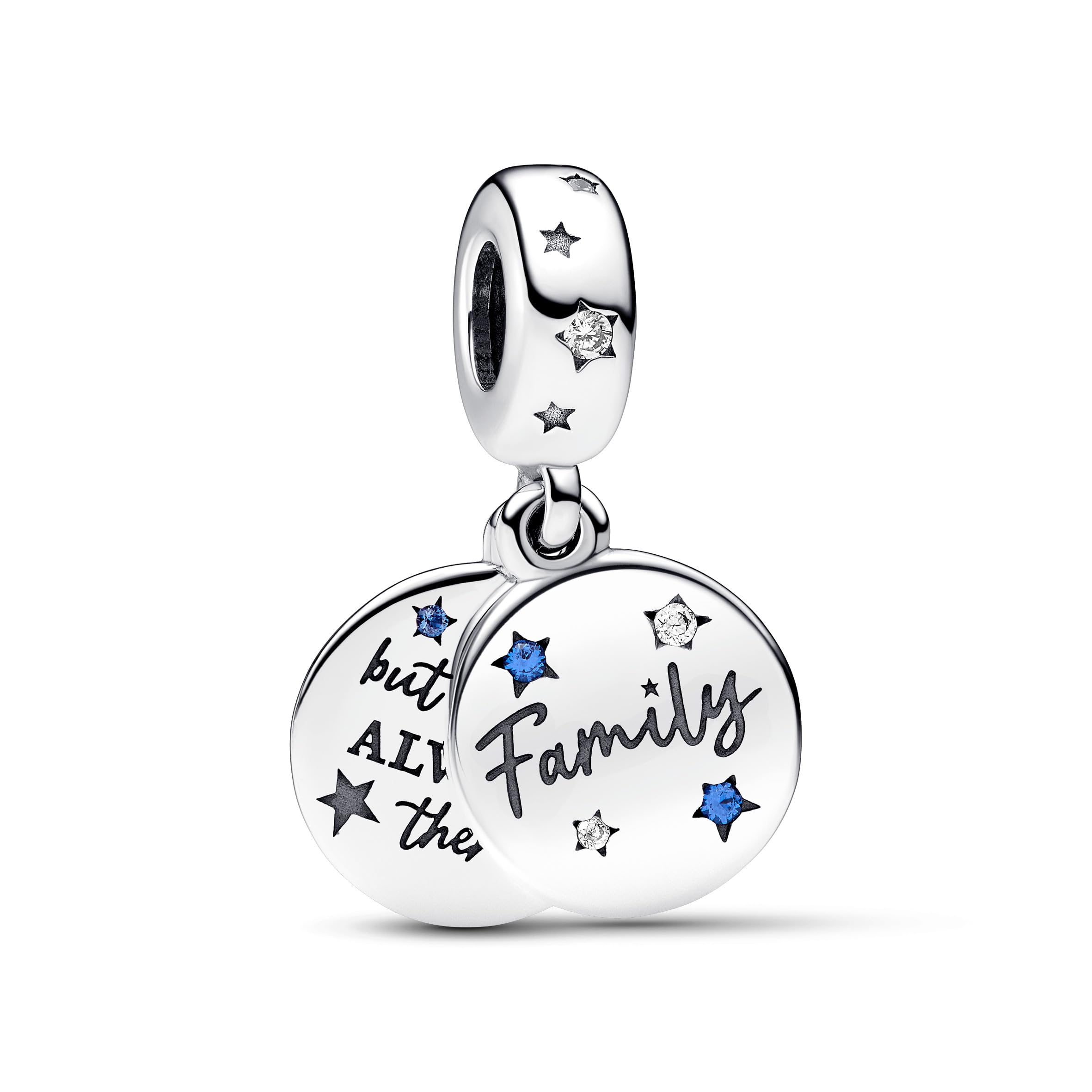 PANDORA Ciondolo doppio Moments con scritta Family in argento Sterling con cristallo blu stellare e zirconi cubici trasparenti