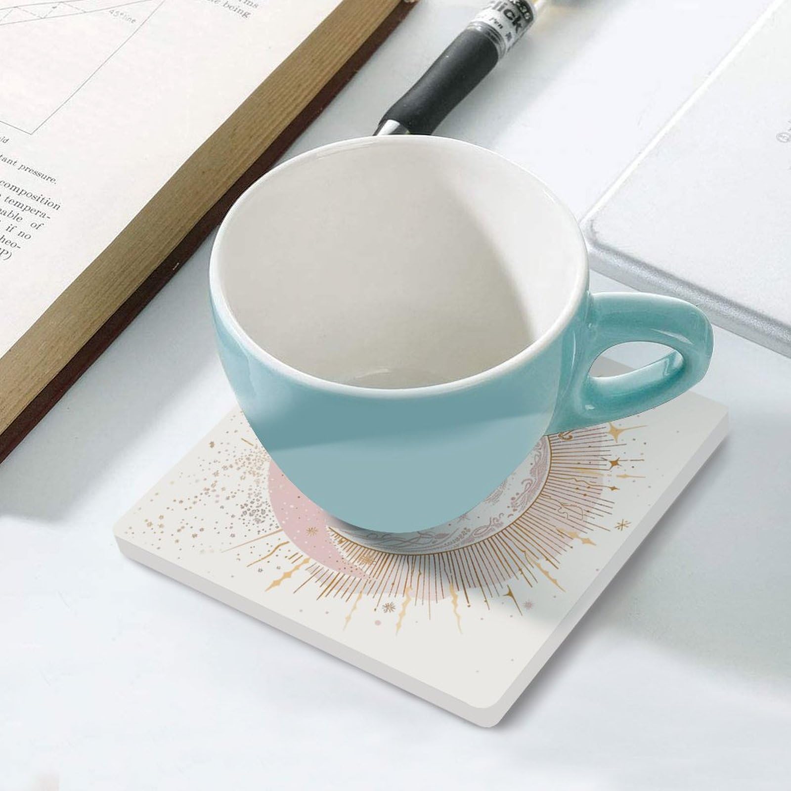 6 posavasos cuadrados de cerámica para bebidas, estilo clip de luna, posavasos impresos para el hogar y el café, regalos de cumpleaños, adecuados para tipos de tazas