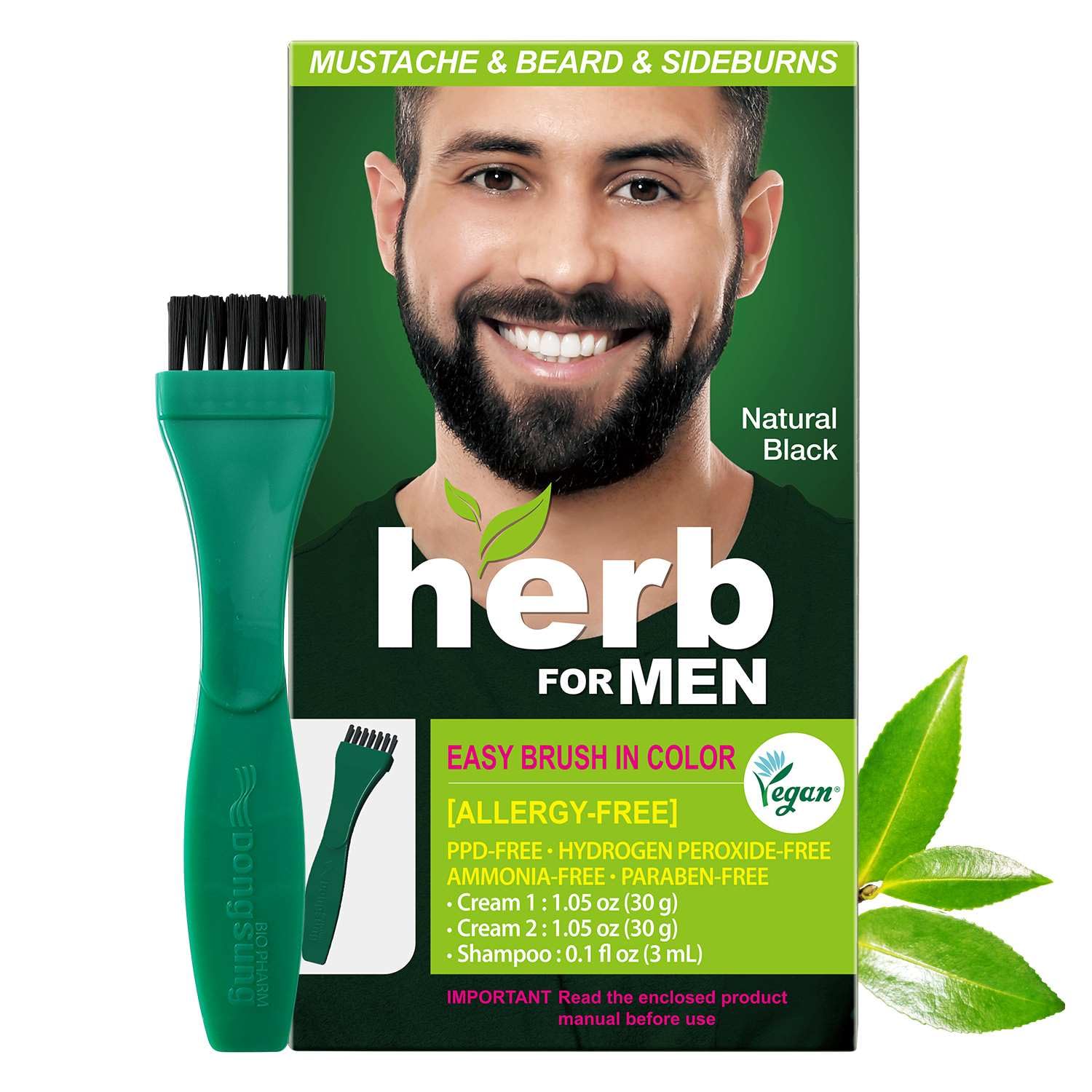 Herb For Men, PPD &amp; Ammonia Free Mustache &amp; Beard Dye, Vegan Natural Ingredients, Odorless, No More Skin Irritations from Coloring for Sensitive Skin Natural Black, 1 pack