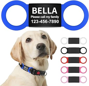 LaReine Silent Slide On Pet ID Tags, Personalized Laser Engraved on Collar, Colored Elastic Silicone Band and S/M/L/XL Black Stainless Steel Cat Dog Name Plate Blue, X-Large