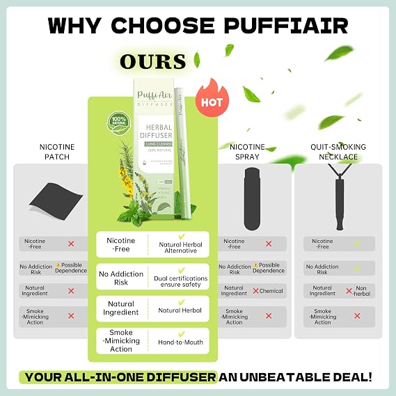 Puffiair Herbal Diffuser Pen, Mullein Flavoured Lung Cleanse Inhaler, 12cm Nicotine-Free Herbal Purifier with Mullein, Thyme & Mint Extracts, 2 Suction Nozzle, 3600 Uses