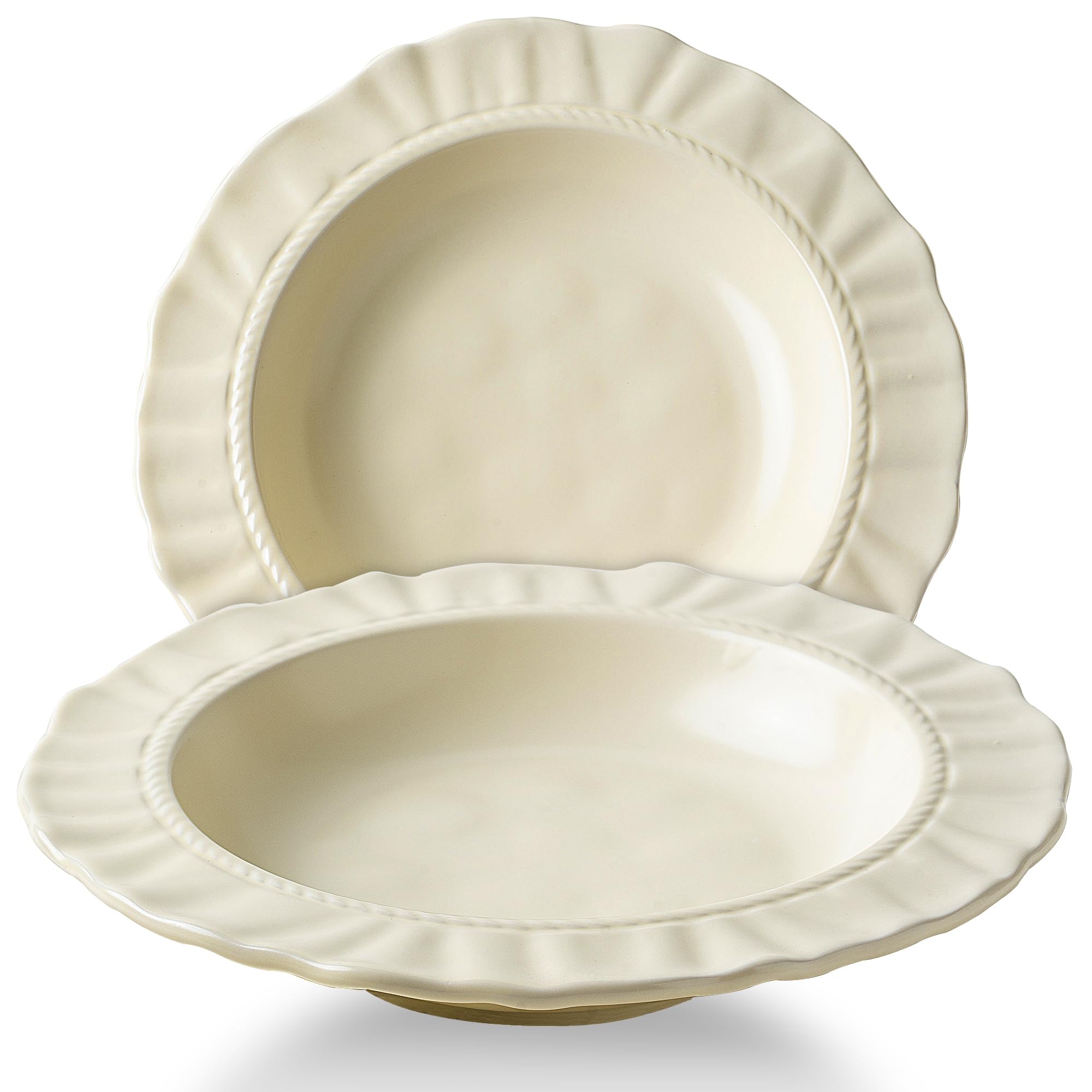 COIKZLY Ceramic Soup Bowls 8.6 in, Pasta Bowls & Plates, Cream color Floral-Embossed Wide Rim Shallow Bowls Set of 2, Italian Carving Design, Matte