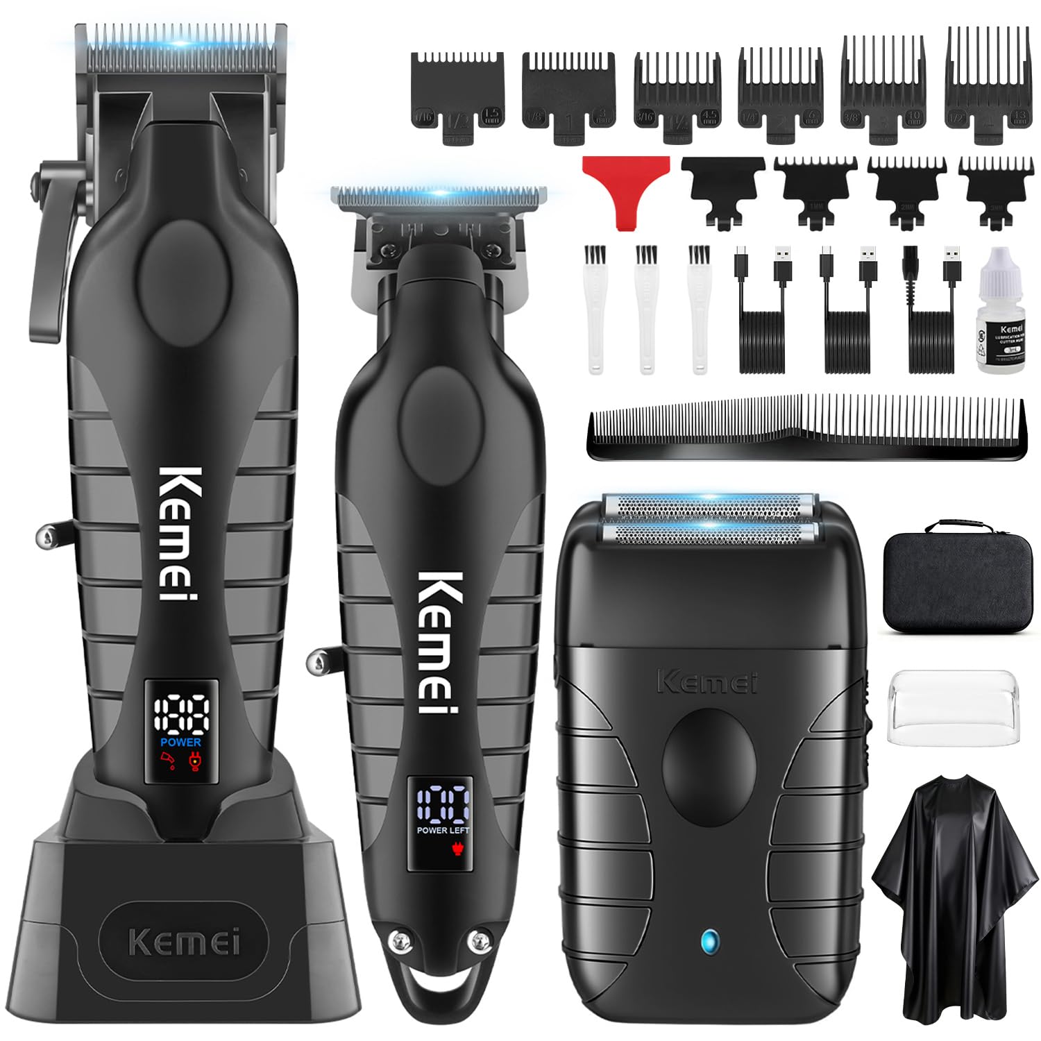 KEMEI Tondeuse à cheveux professionnelle sans fil, tondeuse de barbier complète avec lame T, kit électrique 9 guides, recharge USB, écran LED