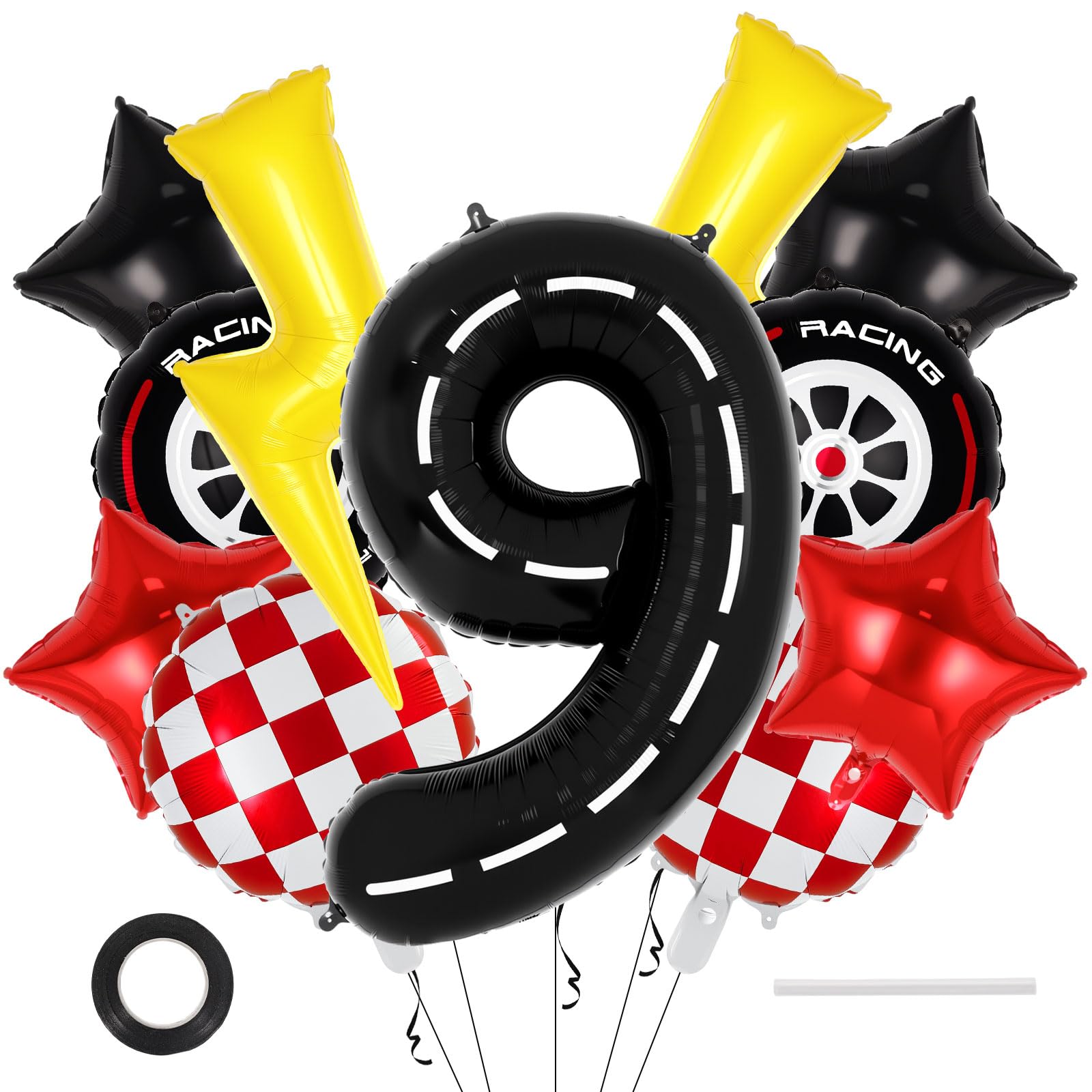 Photo 1 of 11 Pcs Race Car Birthday Balloons, 40 Inch Number 9 Racetrack Foil Balloons, Lightning Tire Star Checkered Mylar Balloon for Race Car Themed Birthday Party Decorations (Number 9)