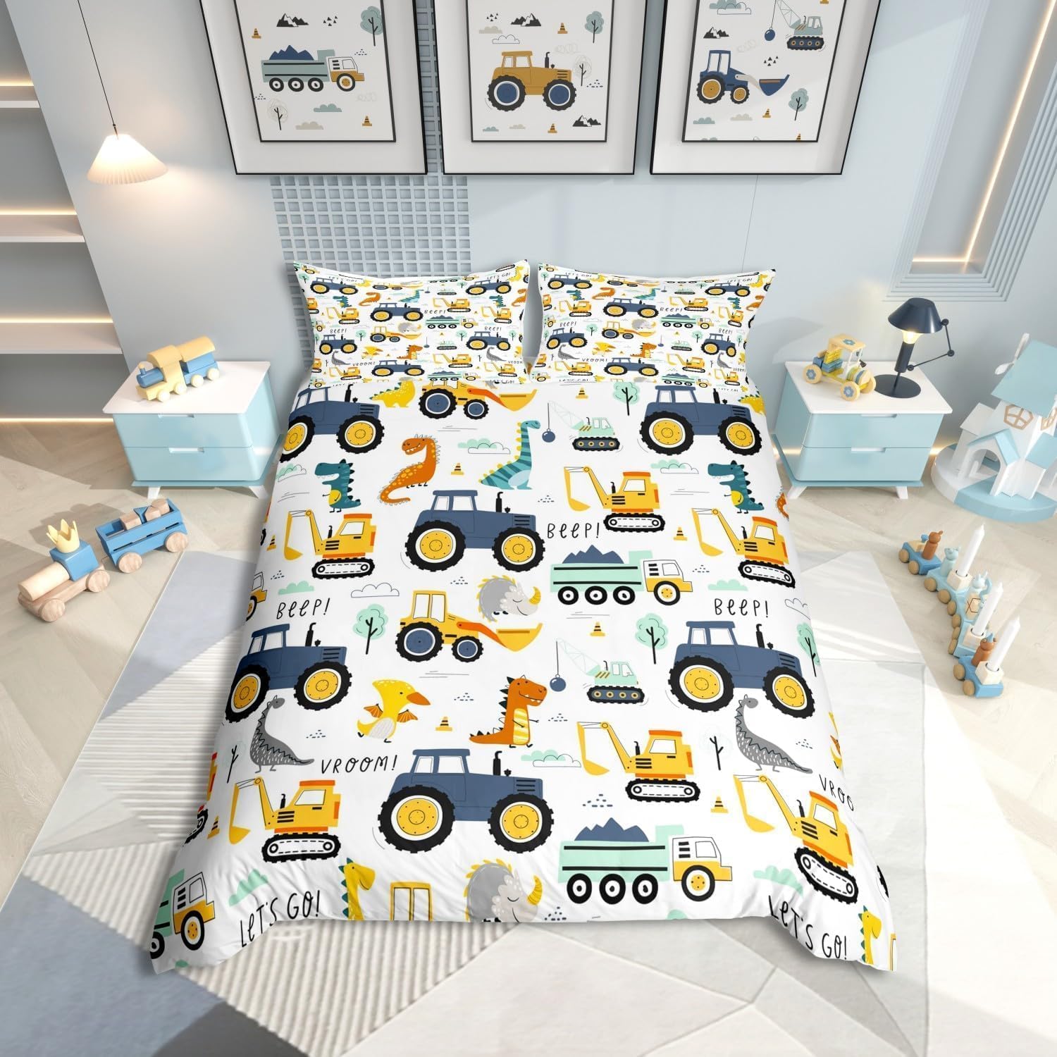 Homewish Cartoon Car Boys Bedding Single Microfiber Reversible Kids Dinosaur Single Duvet Cover Set for Boys Teens Cute Tractor Excavator Pattern Bedding Sets