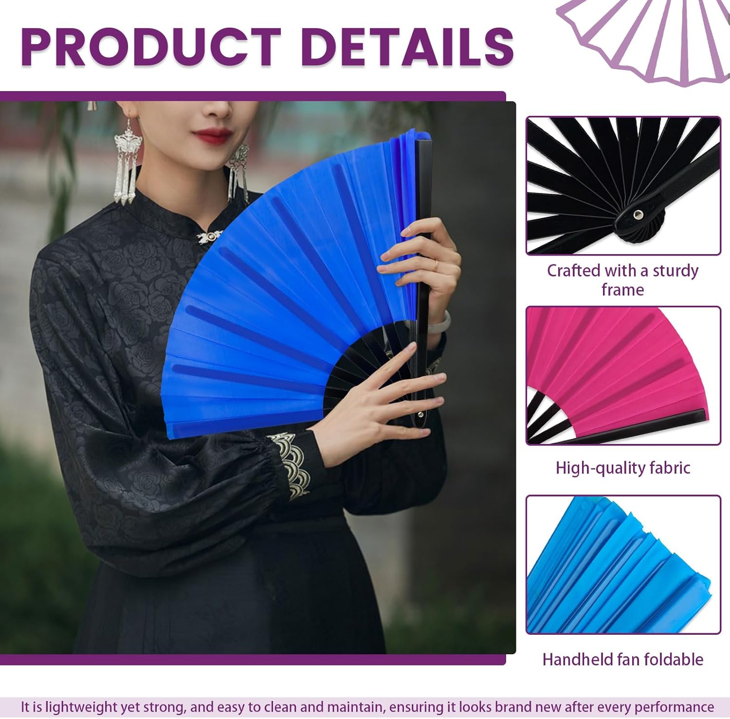 10 Pack Folding Hand Fans for Line Dancing, Large 13in Chinese Kung Fu Handheld Rave Fan Bulk Foldable for Women Men Dance, Performance, Festival, Party