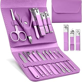 Manicure & Pedicure Set 16 Pcs, Stainless Steel Nail Clippers Kit for Men & Women, Grooming Tools with Toenail & Fingernail Cutter for Nails, Brows & Ears, Sturdy & Durable (Purple)